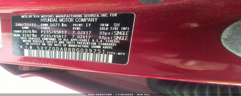 5XYZGDAB8BG039751 2011 HYUNDAI SANTA FE photo no. 9