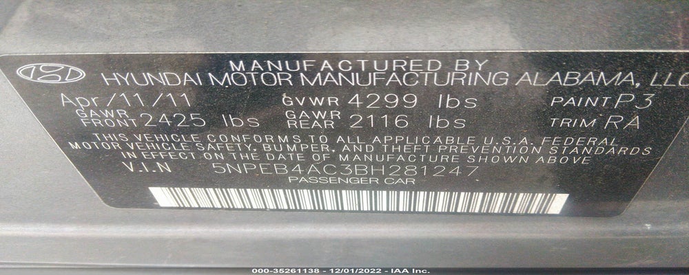 5NPEB4AC3BH281247 2011 HYUNDAI SONATA photo no. 9