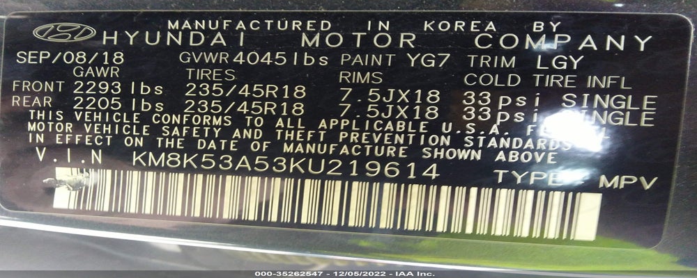 KM8K53A53KU219614 2019 HYUNDAI KONA photo no. 9