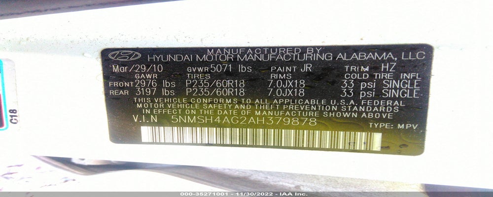5NMSH4AG2AH379878 2010 HYUNDAI SANTA FE photo no. 9