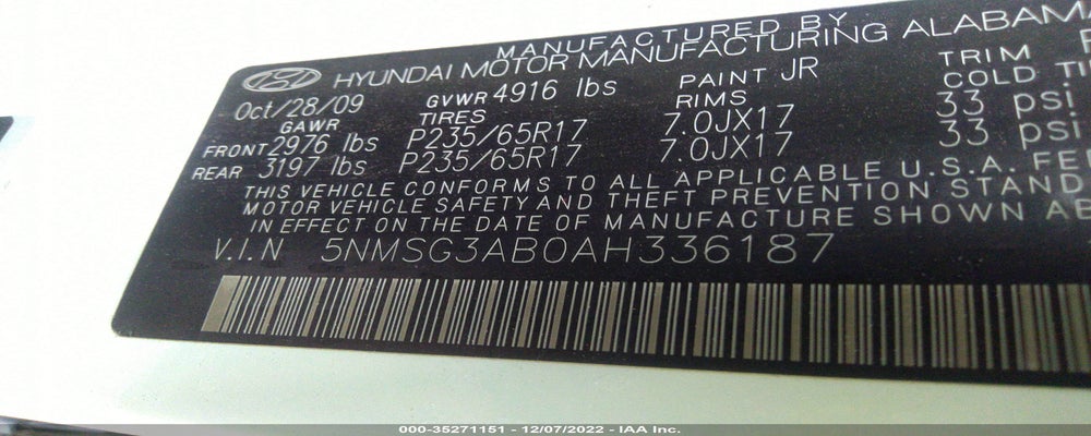 5NMSG3AB0AH336187 2010 HYUNDAI SANTA FE photo no. 9