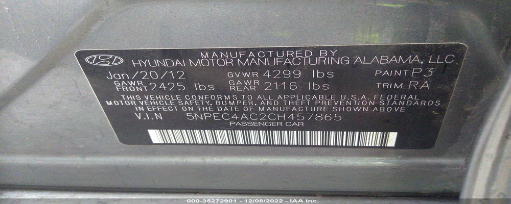 5NPEC4AC2CH457865 2012 HYUNDAI SONATA photo no. 9