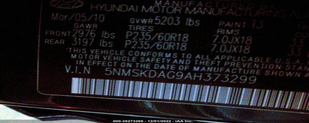 5NMSKDAG9AH373299 2010 HYUNDAI SANTA FE photo no. 9