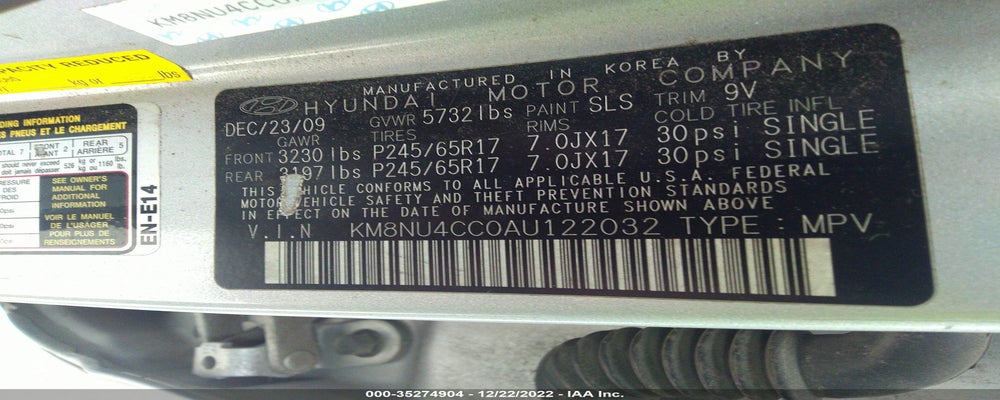 KM8NU4CC0AU122032 2010 HYUNDAI VERACRUZ photo no. 9