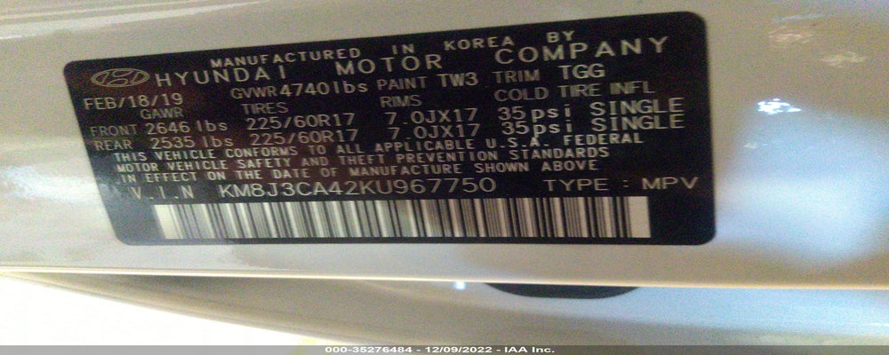 KM8J3CA42KU967750 2019 HYUNDAI TUCSON photo no. 9
