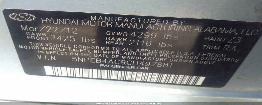 5NPEB4AC9CH497881 2012 HYUNDAI SONATA photo no. 9