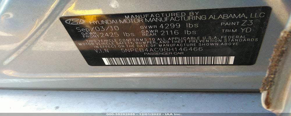 5NPEB4AC9BH146466 2011 HYUNDAI SONATA photo no. 9