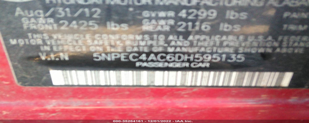5NPEC4AC6DH595135 2013 HYUNDAI SONATA photo no. 9