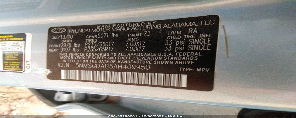 5NMSGDAB5AH409950 2010 HYUNDAI SANTA FE photo no. 9