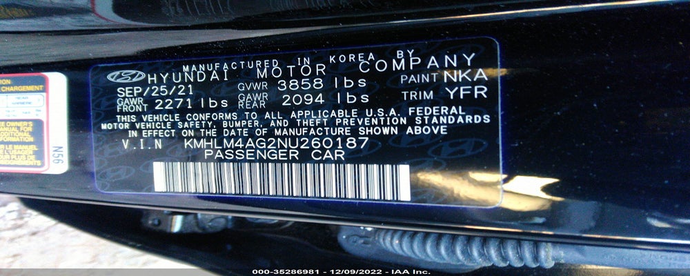 KMHLM4AG2NU260187 2022 HYUNDAI ELANTRA photo no. 9