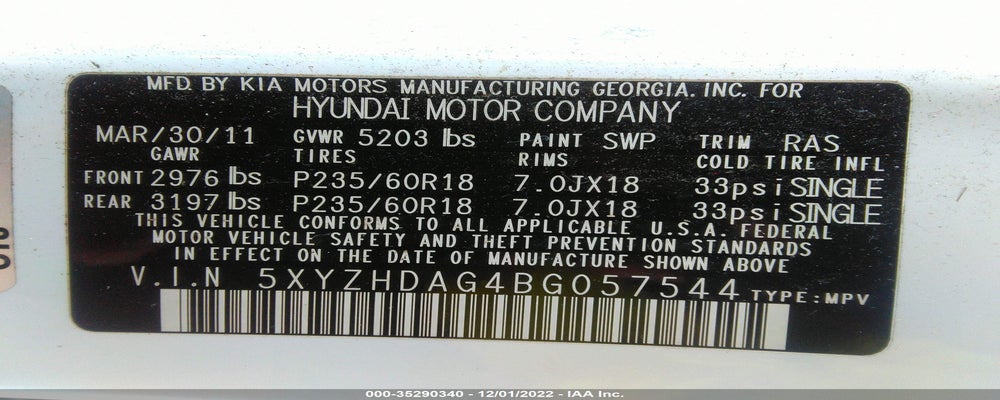 5XYZHDAG4BG057544 2011 HYUNDAI SANTA FE photo no. 9