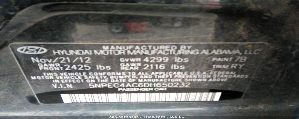 5NPEC4AC6DH650232 2013 HYUNDAI SONATA photo no. 9