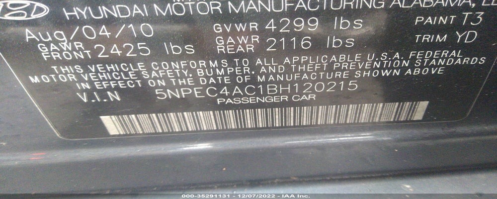 5NPEC4AC1BH120215 2011 HYUNDAI SONATA photo no. 9