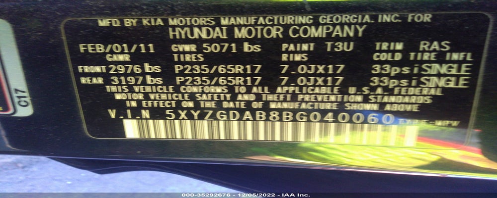 5XYZGDAB8BG040060 2011 HYUNDAI SANTA FE photo no. 9