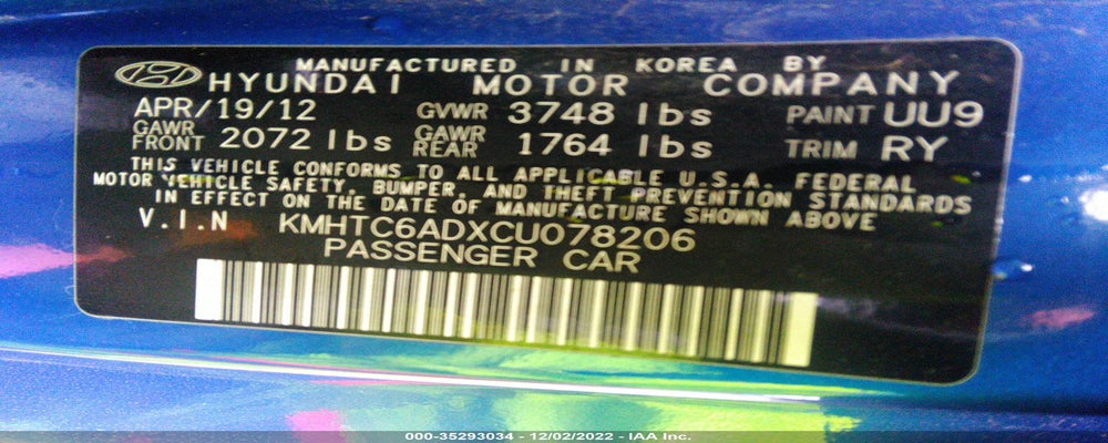 KMHTC6ADXCU078206 2012 HYUNDAI VELOSTER photo no. 9