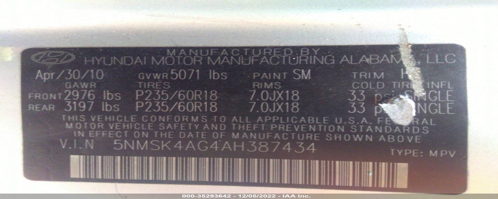 5NMSK4AG4AH387434 2010 HYUNDAI SANTA FE photo no. 9