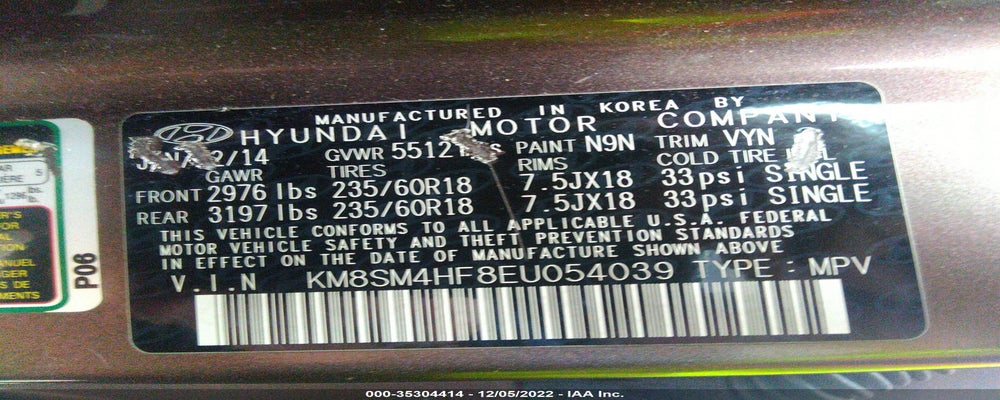 KM8SM4HF8EU054039 2014 HYUNDAI SANTA FE photo no. 9
