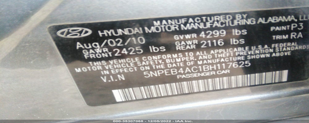 5NPEB4AC1BH117625 2011 HYUNDAI SONATA photo no. 9