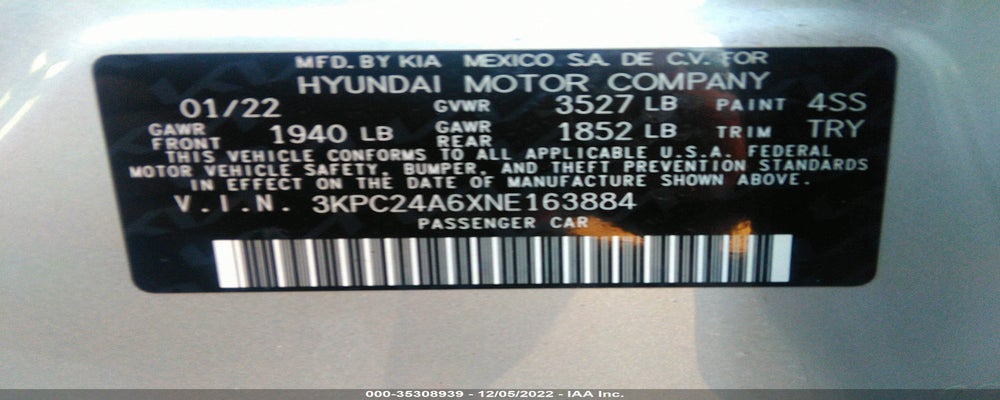 3KPC24A6XNE163884 2022 HYUNDAI ACCENT photo no. 9