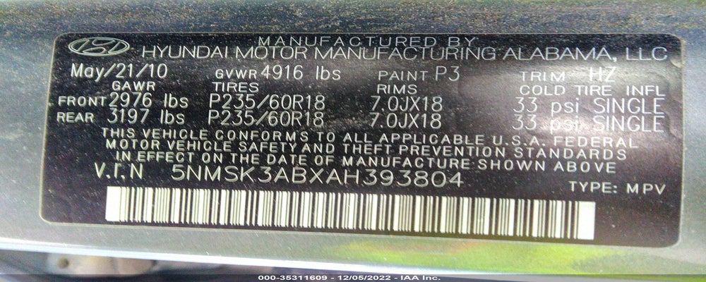 5NMSK3ABXAH393804 2010 HYUNDAI SANTA FE photo no. 9