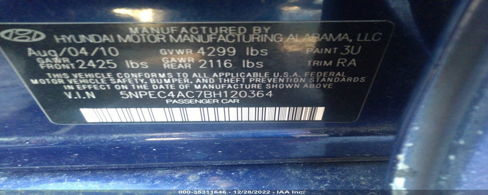 5NPEC4AC7BH120364 2011 HYUNDAI SONATA photo no. 9