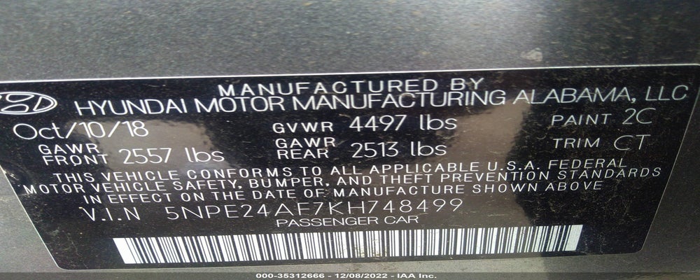 5NPE24AF7KH748499 2019 HYUNDAI SONATA photo no. 9
