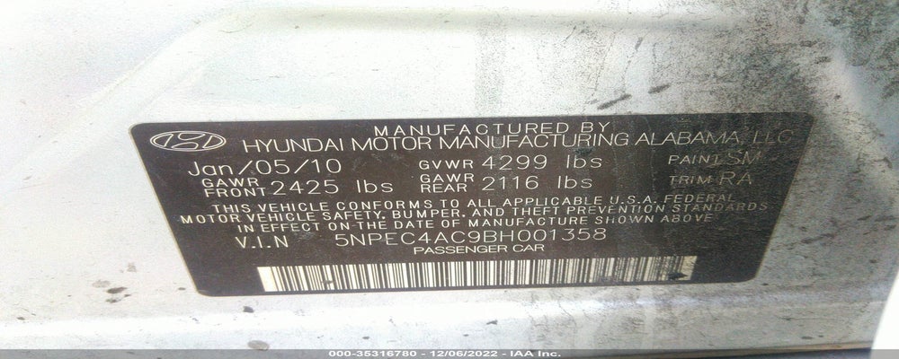 5NPEC4AC9BH001358 2011 HYUNDAI SONATA photo no. 9