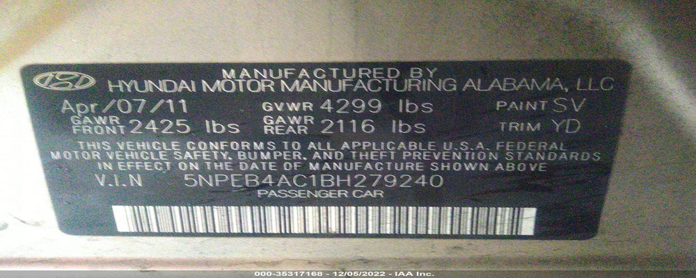 5NPEB4AC1BH279240 2011 HYUNDAI SONATA photo no. 9