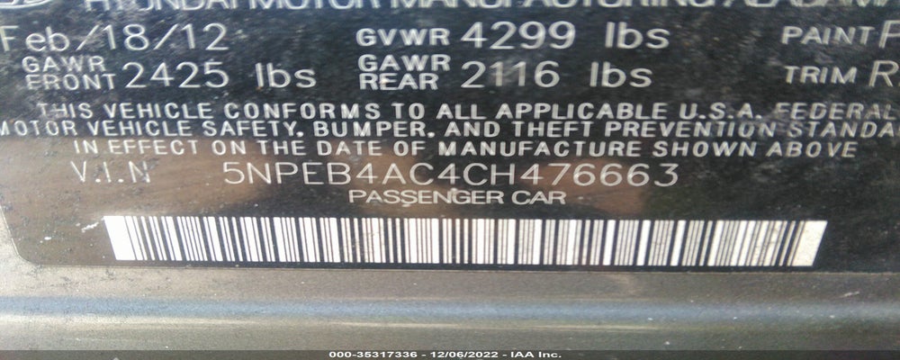 5NPEB4AC4CH476663 2012 HYUNDAI SONATA photo no. 9