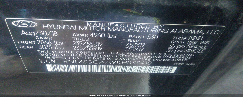 5NMS5CAA9KH033410 2019 HYUNDAI SANTA FE photo no. 9
