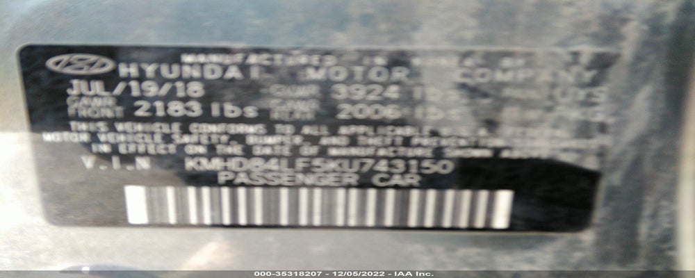 KMHD84LF5KU743150 2019 HYUNDAI ELANTRA photo no. 9