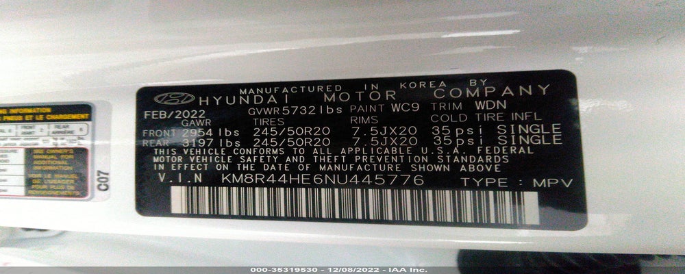 KM8R44HE6NU445776 2022 HYUNDAI PALISADE photo no. 9