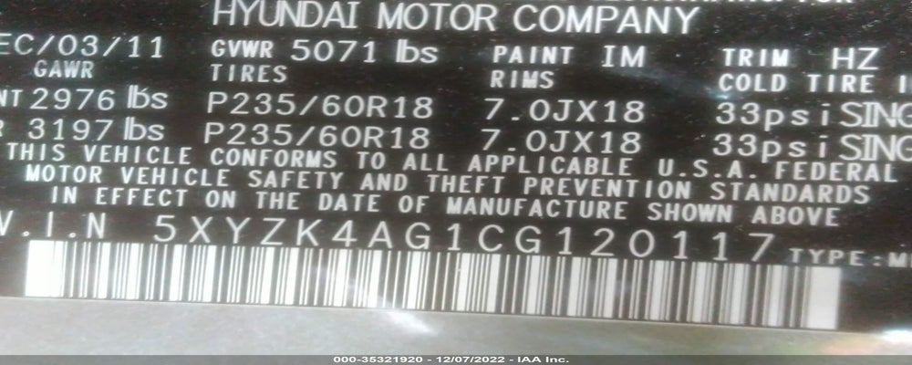 5XYZK4AG1CG120117 2012 HYUNDAI SANTA FE photo no. 9