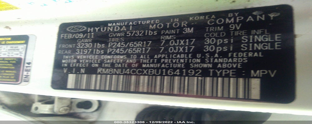 KM8NU4CCXBU164192 2011 HYUNDAI VERACRUZ photo no. 9