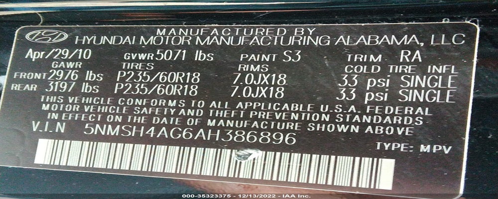 5NMSH4AG6AH386896 2010 HYUNDAI SANTA FE photo no. 9