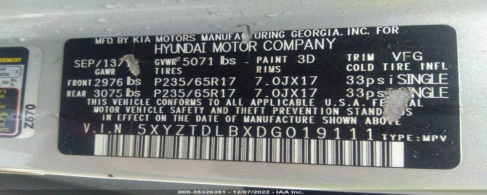 5XYZTDLBXDG019111 2013 HYUNDAI SANTA FE photo no. 9