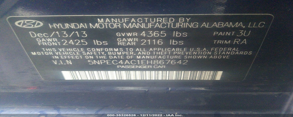 5NPEC4AC1EH867642 2014 HYUNDAI SONATA photo no. 9