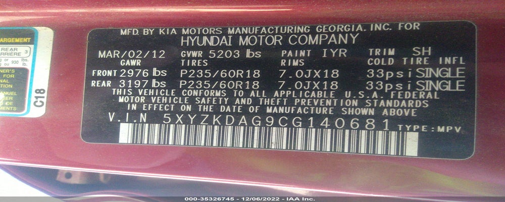 5XYZKDAG9CG140681 2012 HYUNDAI SANTA FE photo no. 9