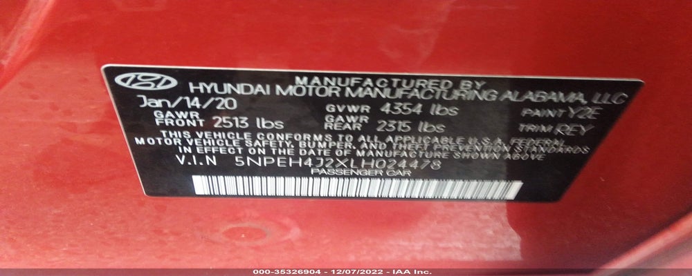 5NPEH4J2XLH024478 2020 HYUNDAI SONATA photo no. 9