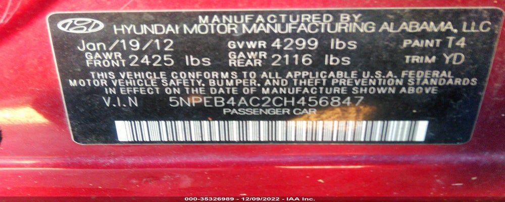 5NPEB4AC2CH456847 2012 HYUNDAI SONATA photo no. 9