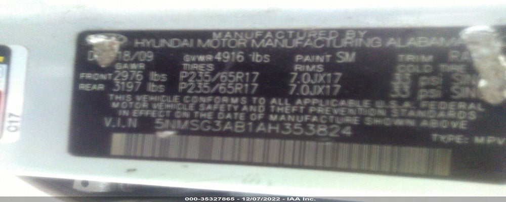 5NMSG3AB1AH353824 2010 HYUNDAI SANTA FE photo no. 9