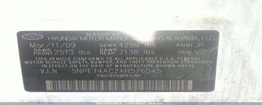 5NPET4AC2AH576545 2010 HYUNDAI SONATA photo no. 9
