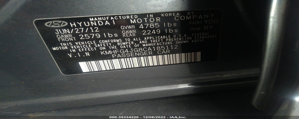 KMHFG4JG8CA185112 2012 HYUNDAI AZERA photo no. 9