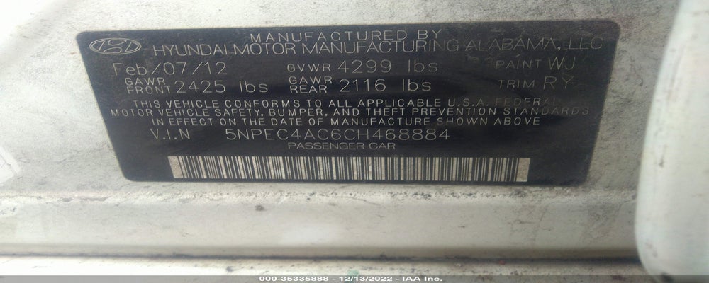 5NPEC4AC6CH468884 2012 HYUNDAI SONATA photo no. 9