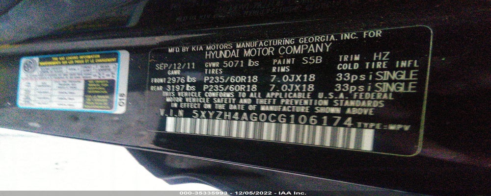 5XYZH4AG0CG106174 2012 HYUNDAI SANTA FE photo no. 9