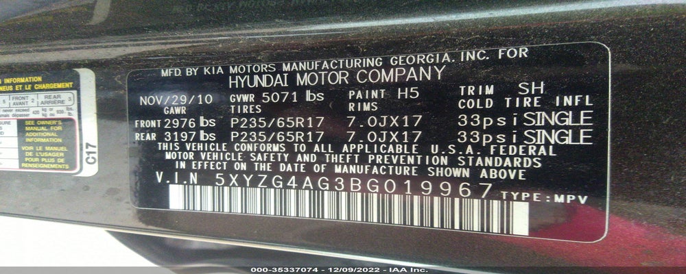 5XYZG4AG3BG019967 2011 HYUNDAI SANTA FE photo no. 9