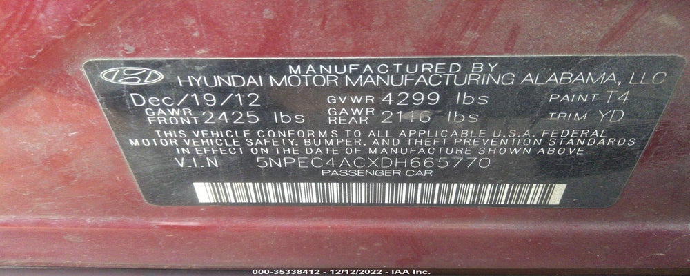 5NPEC4ACXDH665770 2013 HYUNDAI SONATA photo no. 9