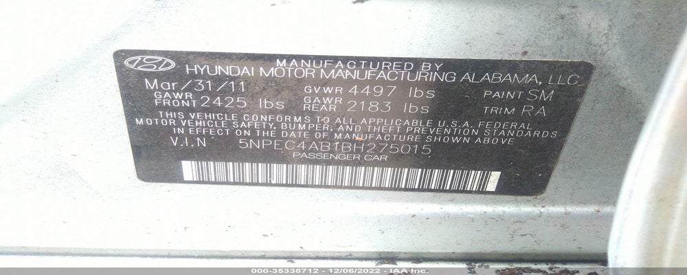 5NPEC4AB1BH275015 2011 HYUNDAI SONATA photo no. 9