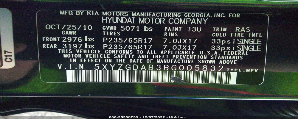 5XYZGDAB3BG005832 2011 HYUNDAI SANTA FE photo no. 9
