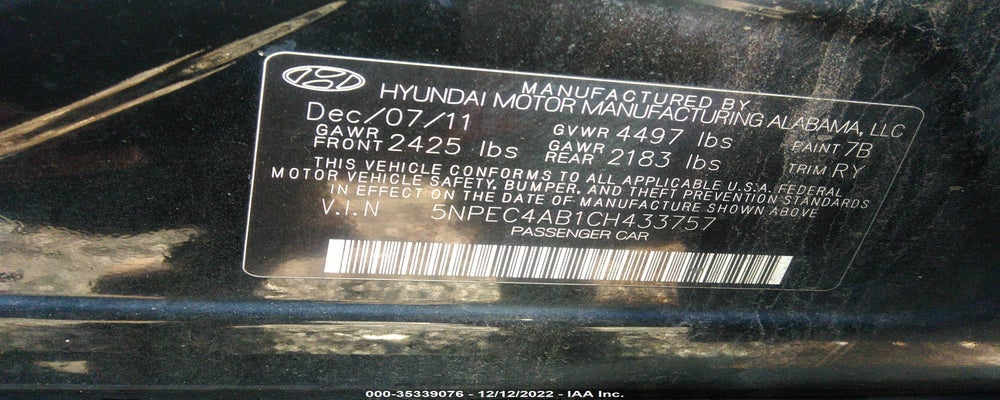 5NPEC4AB1CH433757 2012 HYUNDAI SONATA photo no. 9